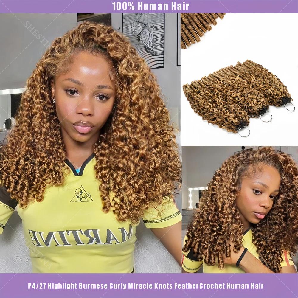 15A Water Wave Human Hair Feather Crochet Hair Extensions With Spiral Curl End Blonde Highlight Ombre Burmese Curly Crochet Hair 1