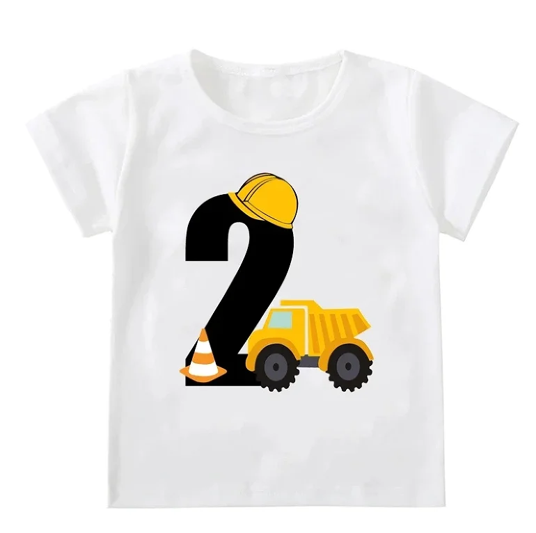Funny Kids Boys T-shirts Baby Short Sleeve Cute Excavator Tops Children Fashion Tshirt 1-6Years Boy Construction Birthday Shirts - 2