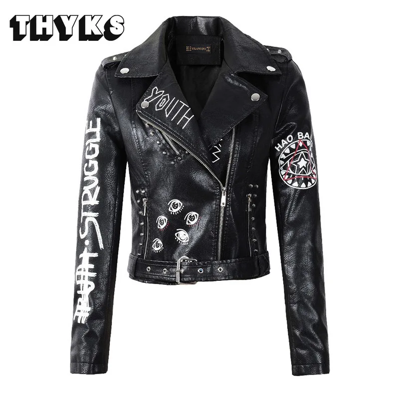 

2022 New Autumn Womens Winter Faux Soft Leather Jackets PU Belt Moto Biker Zipper Coats Printing Motorcycle Streetwear Punk Tops