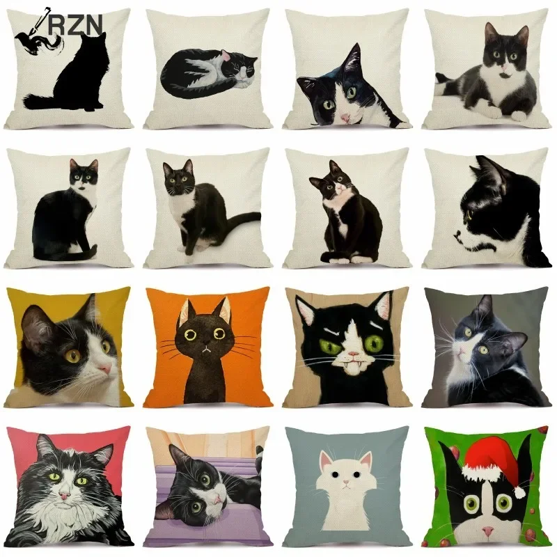 

RZN Black Pet Cat Linen Pillow Case Sofa Square Decorative Pillow Cover Animal Pattern Cushion Cover 45X45cm