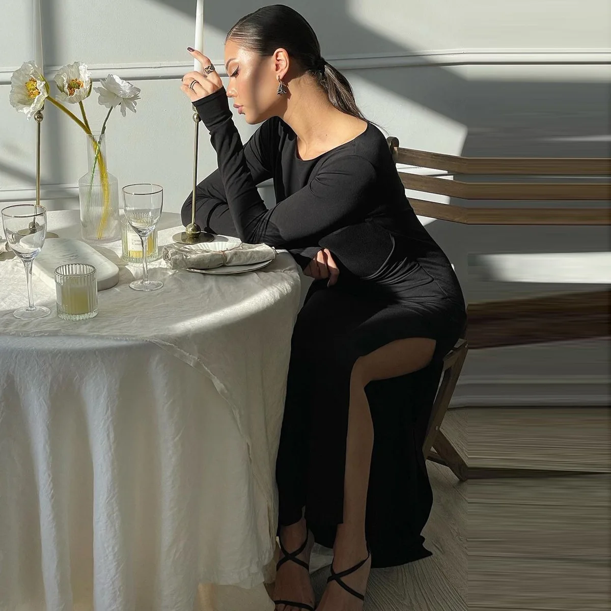 Black Fashion Lace-Up Long Dress For Women Skinny High Waist Patchwork Side Split Elegant Dress Female Party Maxi Dress