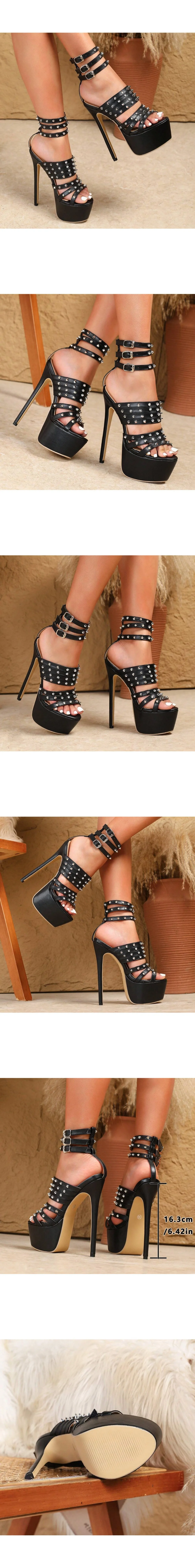 Unisex Big Size 42 Sexy Rivets Super High Heels Ankle Strap Platform Sandals Women Punk Black Party Shoes Stiletto Valentines