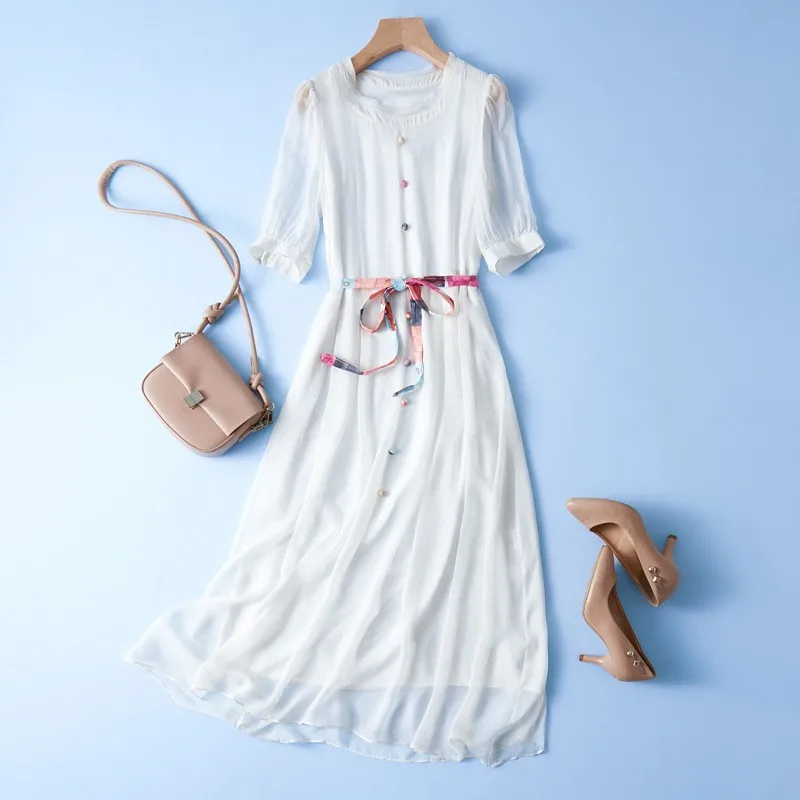 

Maxi Dresses for Women 2022 Mulberry Silk Dress Loose White Dress Summer Dress Women Clothing Elegant Belt Women Dress Zm2076