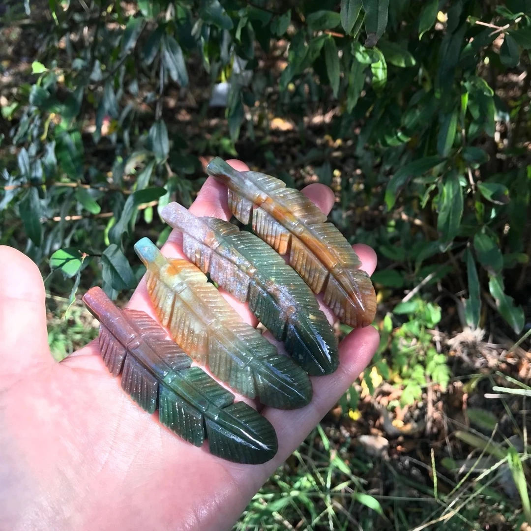 

5pcs 90mm Natural Ocean Jasper Crystals Feather Carving Quartz Healing Stone Reiki Crafts Gemstone Pendant Gift Ornament