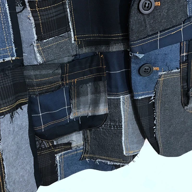 Autumn Men's Denim Plaid Raw Edge Stitching Blazers Patchwork Design Cool Motorcycle Creativity Casual Button Coat 21Z1406