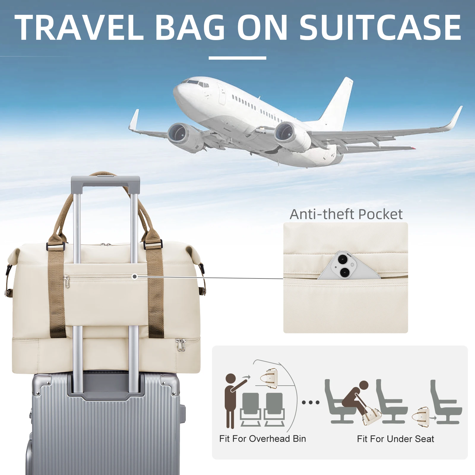 Women's Large Capacity Bag, Airplane Travebags Weekend Bag,Sports and Gym Travel Backpack,Expandable Waterproof Travel Bag Khaki