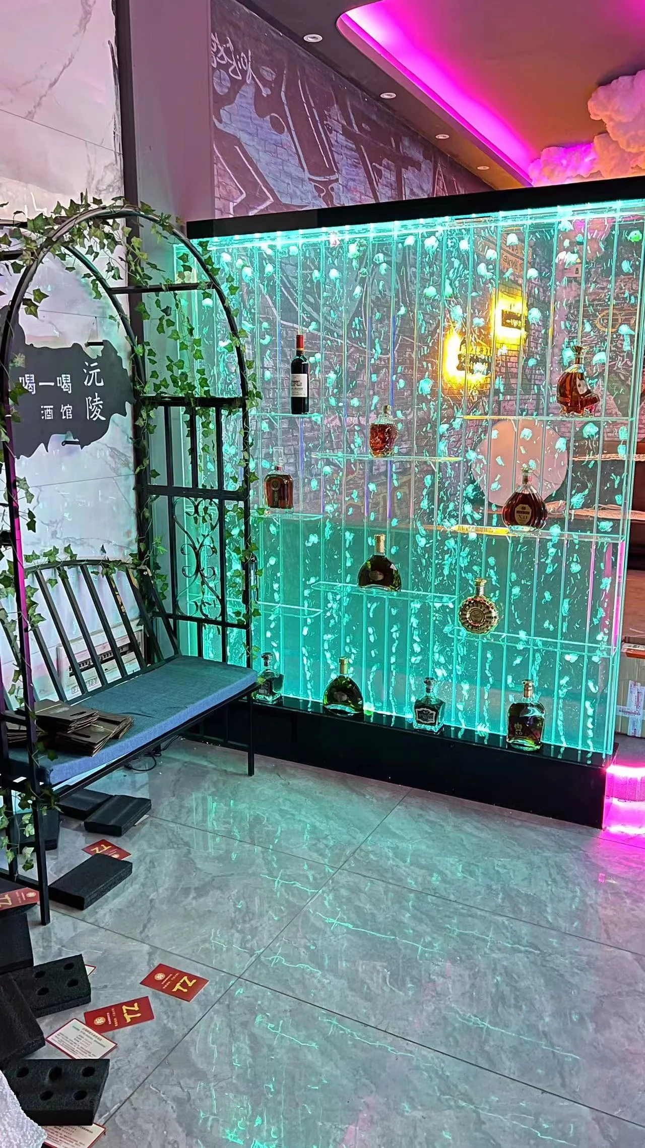 Indoor bar furniture floor standing water bubble panel wall led wine cabinets best sale