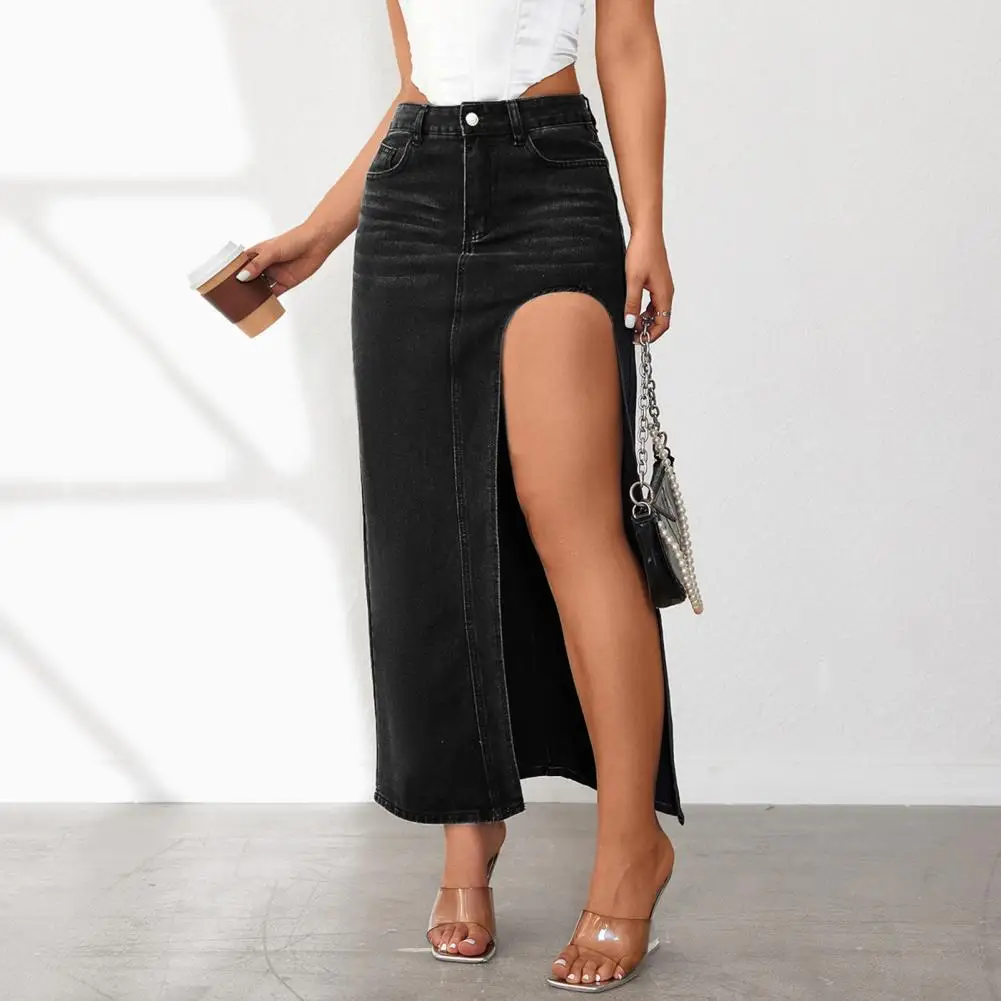 

Button Zipper Maxi Skirt Denim Maxi Skirt with High Waist Side Slit Design Solid Color Washed Long Skirt with Pockets for Women