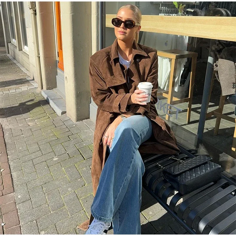 Elegant Suede Long Trench Coat Women Belt Double Breasted Full Sleeve Brown Windbreaker Autumn Lady Street Outwears New