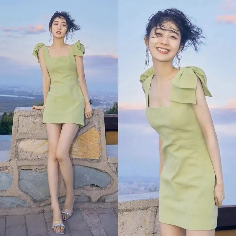 

Платье Shpmishal на бретельках с бантом для женщин, новый летний стиль для отпуска, платье с квадратным вырезом, женская одежда