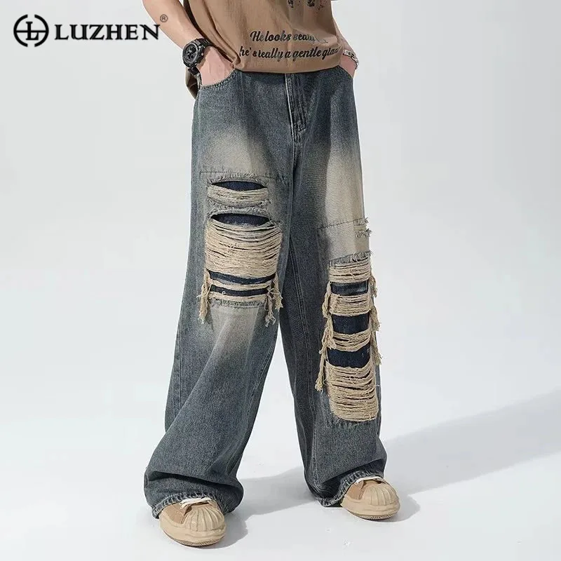 

LUZHEN Fashion Niche Broken Loose Design American Wornout Hole Men Jeans High Street Wear 2023 New Trendy Straight Pants 500674