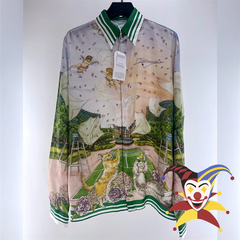 

Silk Casablanca Shirts Tennis Club Court Letter White Cat Print Long Sleeve Hawaiian Shirt for Men Women