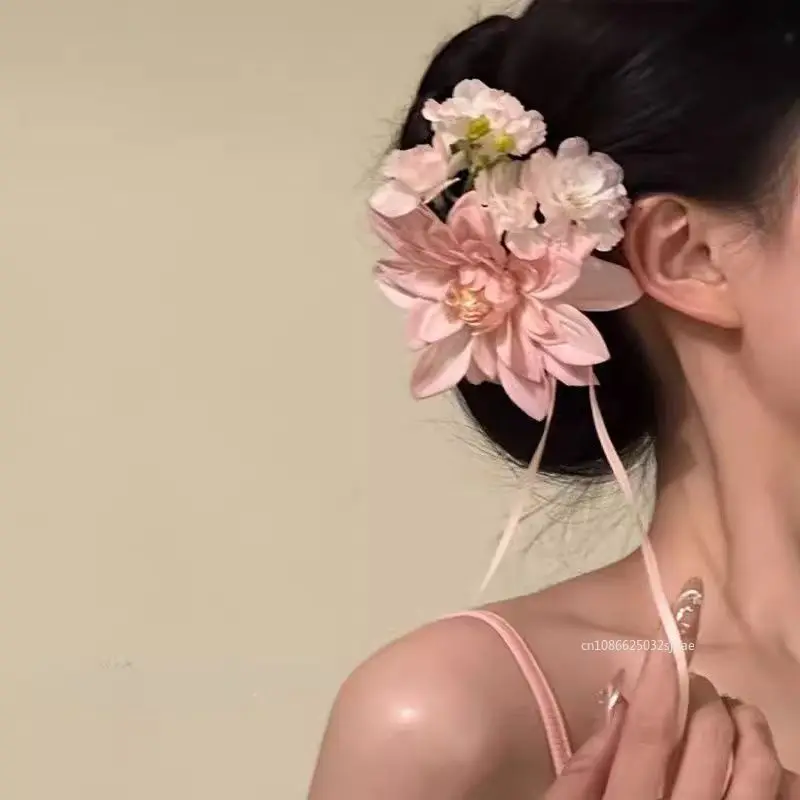 Fermaglio Per Capelli Da Sposa Con Fiori Di Perle, Accessorio Per Matrimonio E Festa, Morbido Nastro Lungo 24,5 Cm