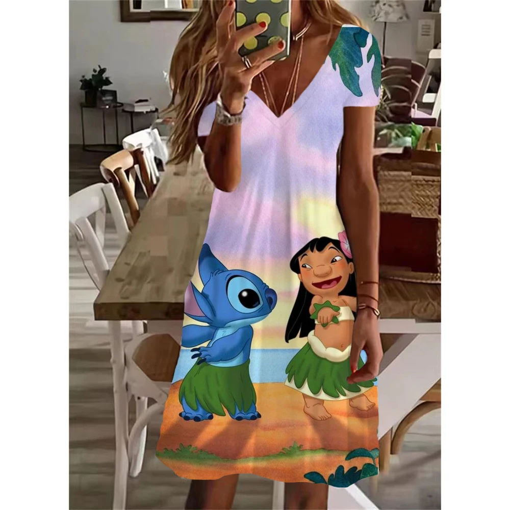 thumbnail image 1 of Nuevos vestidos cortos sexis de verano para fiesta para mujer, vestido con cuello en V y estampado de Lilo y Stitch de Disney, vestido hasta la rodilla de manga corta para tallas XS-5XL, 1 of 5