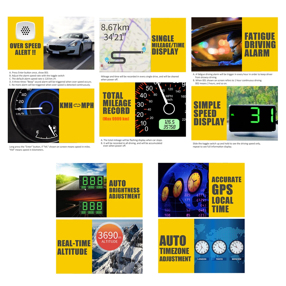 ڵ HUD  ÷ GPS  ӵ, 4.5 ġ LED  ÷, ڵ Ʈ SUV ̿  MPH KM/H