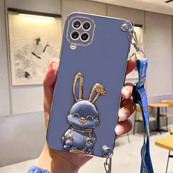 Sleek Crossbody Lanyard Rabbit Luggage Bracket Plating Phone Case for A02S (Blue)