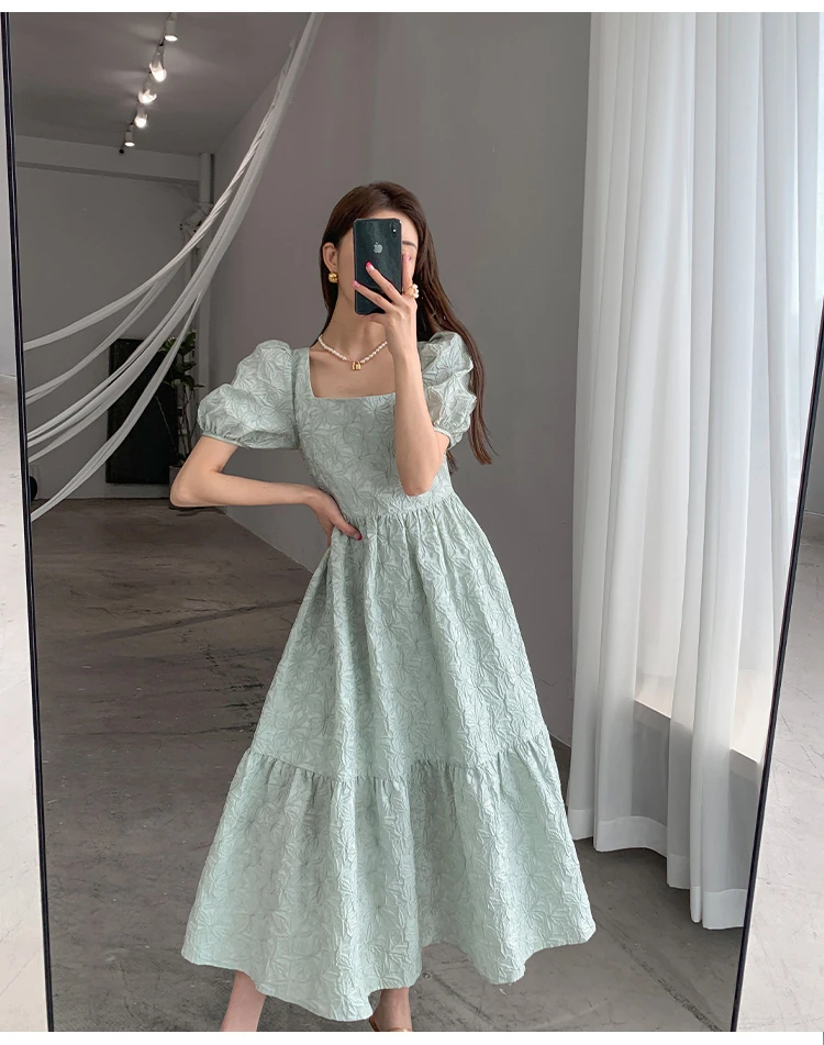 Vintage GreenDress Elegant Square Collar Puff Sleeve