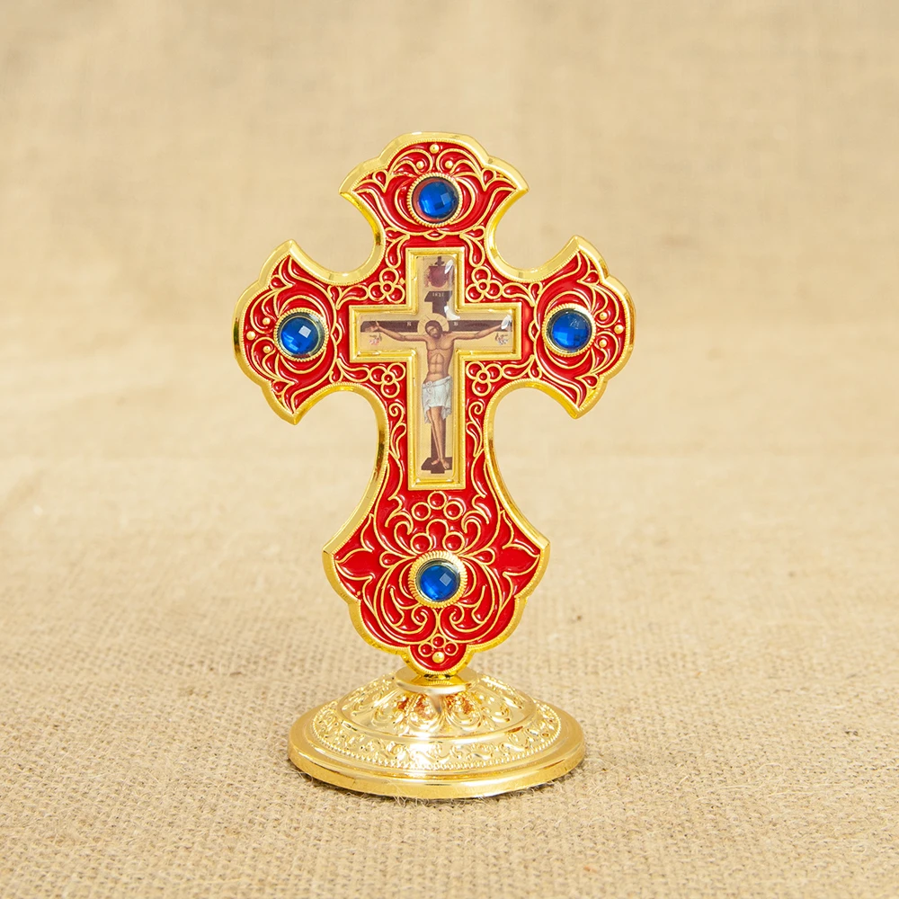 HTISOK Östliches orthodoxes Kreuz, Jesus-Kruzifix, christliches stehendes Kreuz mit Sockel für kirchliche Heimdekoration, religiöse Lieferungen – Detail 10