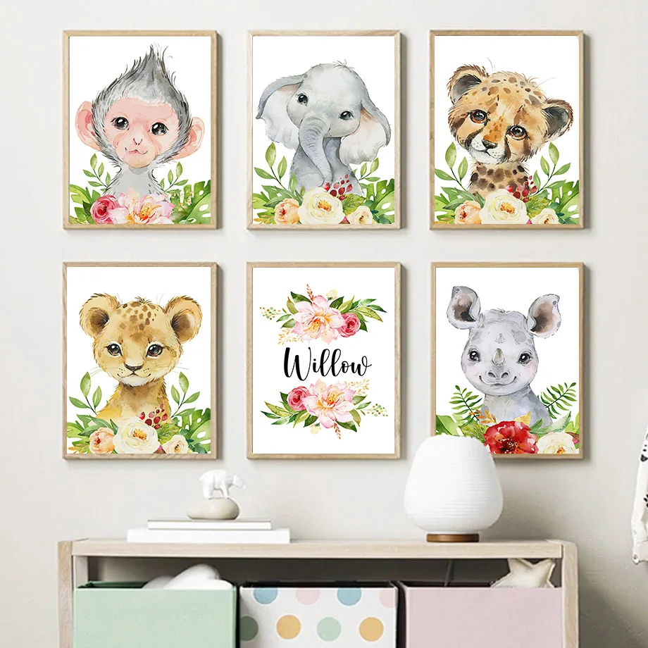 

Boho Lion Elephant Leopard Rhino Giraffe Custom Name Wall Art Print Canvas Painting Nordic Poster Nursery Baby Kids Room Decor