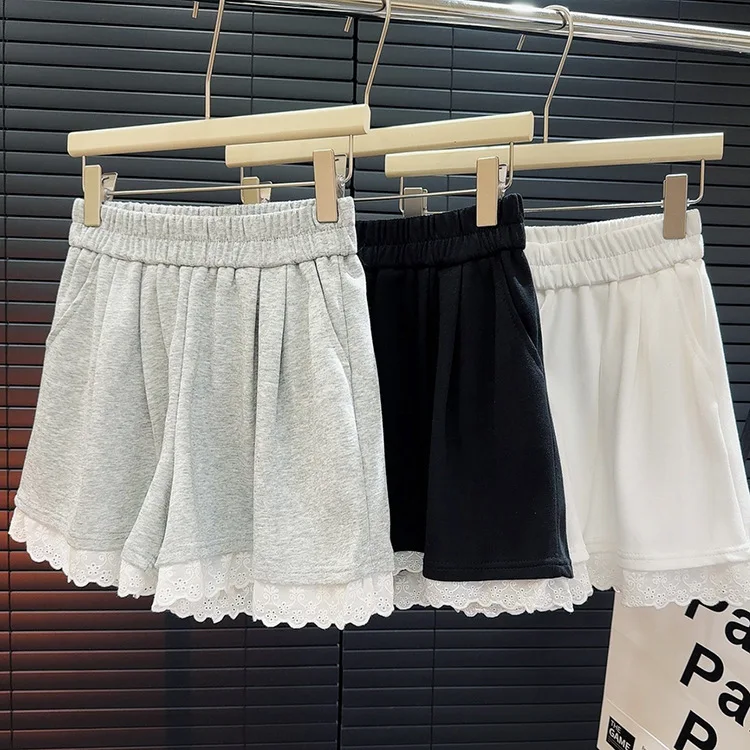 Harajuku Lace White Shorts Women's Hotpants Casual Sports Shorts Summer Pockets Loose Wide Leg Straight Versatile Skirt Pants