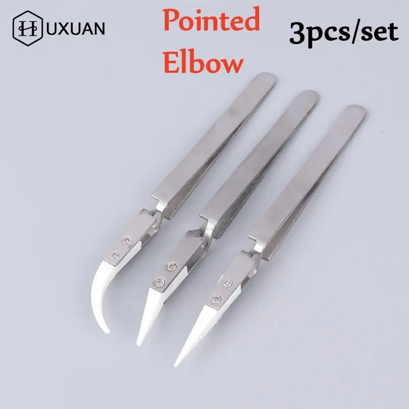 

3pcs Ceramic Tweezer For Solder Stainless Steel Anti-Static Reverse Acid Resistant Electron Precision Chuck Ceramic Tweezers