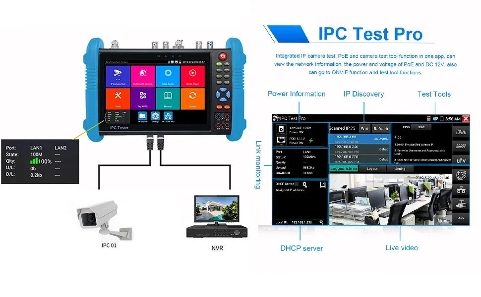 IPC-9800 MOVTADHS 8MP AHD TVI CVI Tester Plus 7-inch tester IPS Touch Screen Monitor CCTV Tester with HD-TVI HD-CVI AHD SDI IP