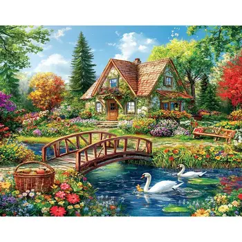 RUOPOTY 5D DIY Diamond Painting Landscape House Natural Scenery Full Round Diamond Modern Home Handmade DIY Crafts