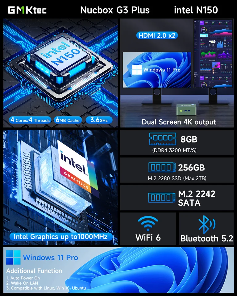 GMKtec G3 Plus 16+512GB ミニpc twin-n50 GMKtec G3 Plus Twin Lake N150 MINI PC Windows 11 Pro DDR4