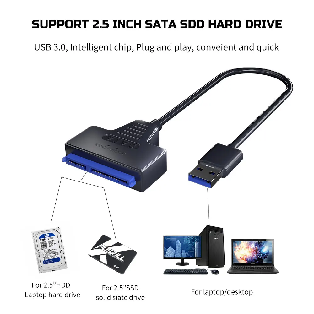 USB 3.0-SATA 케이블, USB-SATA III 드라이버 케이블, 6Gbps 지지대, 2.5 인치 HDD SSD 하드 드라이브, 22 핀 어댑터