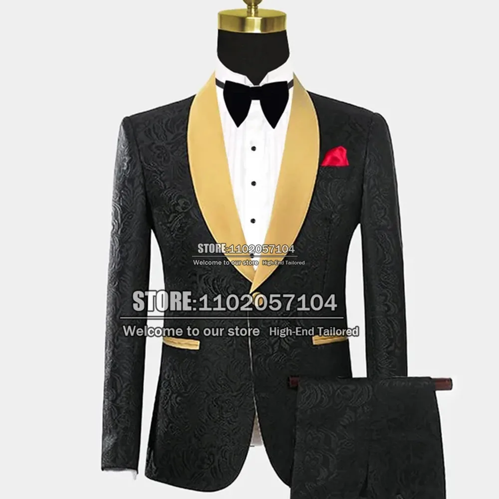 

Spring/Autumn Men Suits 2 Pieces Black Pattern Floral Business Blazer One Button Coat Pant Design Latest Groom Wear Tuxedo 2022