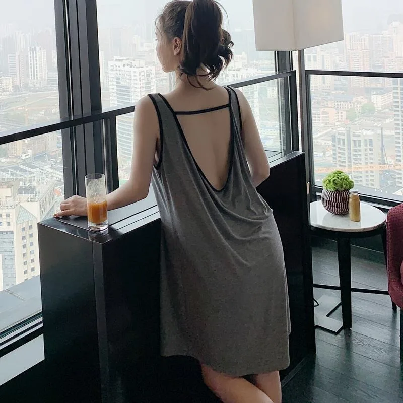 Solid color sleeveless Large size nightdress female In the summer loose sweet sundress suspenders Pajamas thin sexy sleepwear