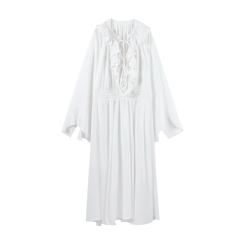 Elegant White Ruffle Maxi Dress For Women Summer Puff Sleeve Drawstring Tassel Pleated Beach Long Dress Lady Holiday Party Robes