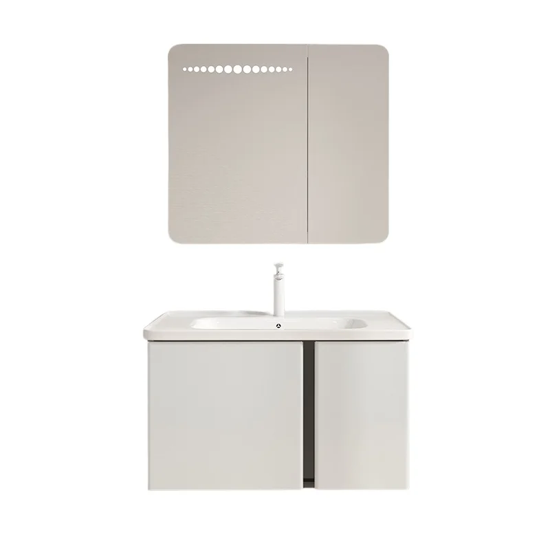 Milk white bathroom cabinet combination stainless steel arc induction lighting ceramic basin