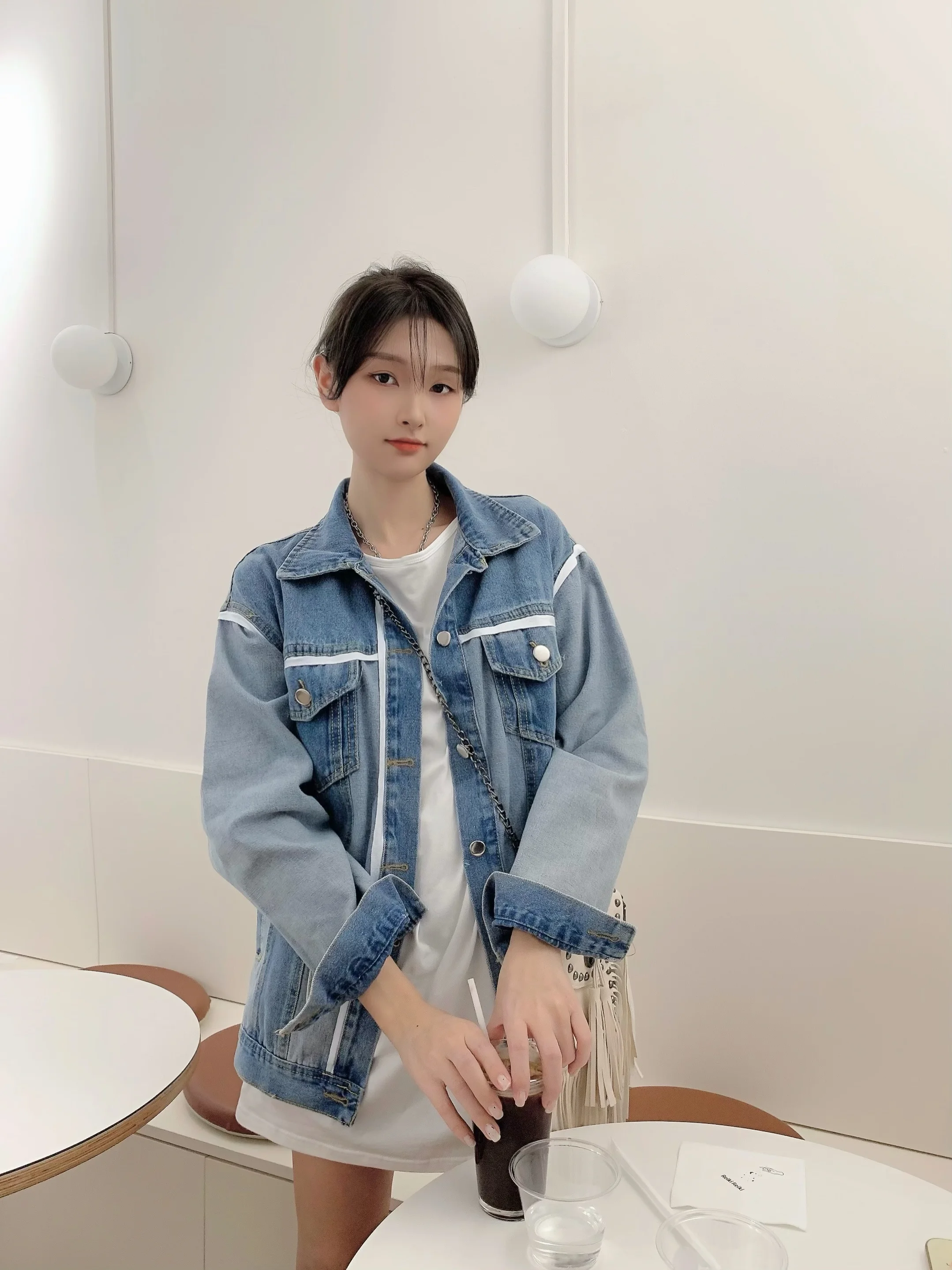 QOERLIN Women Jeans Jacket Long Sleeve Turn-Down Collar Pocket Denim Coat Harajuku Patchwork Coat Outwear Streetwear Harajuku