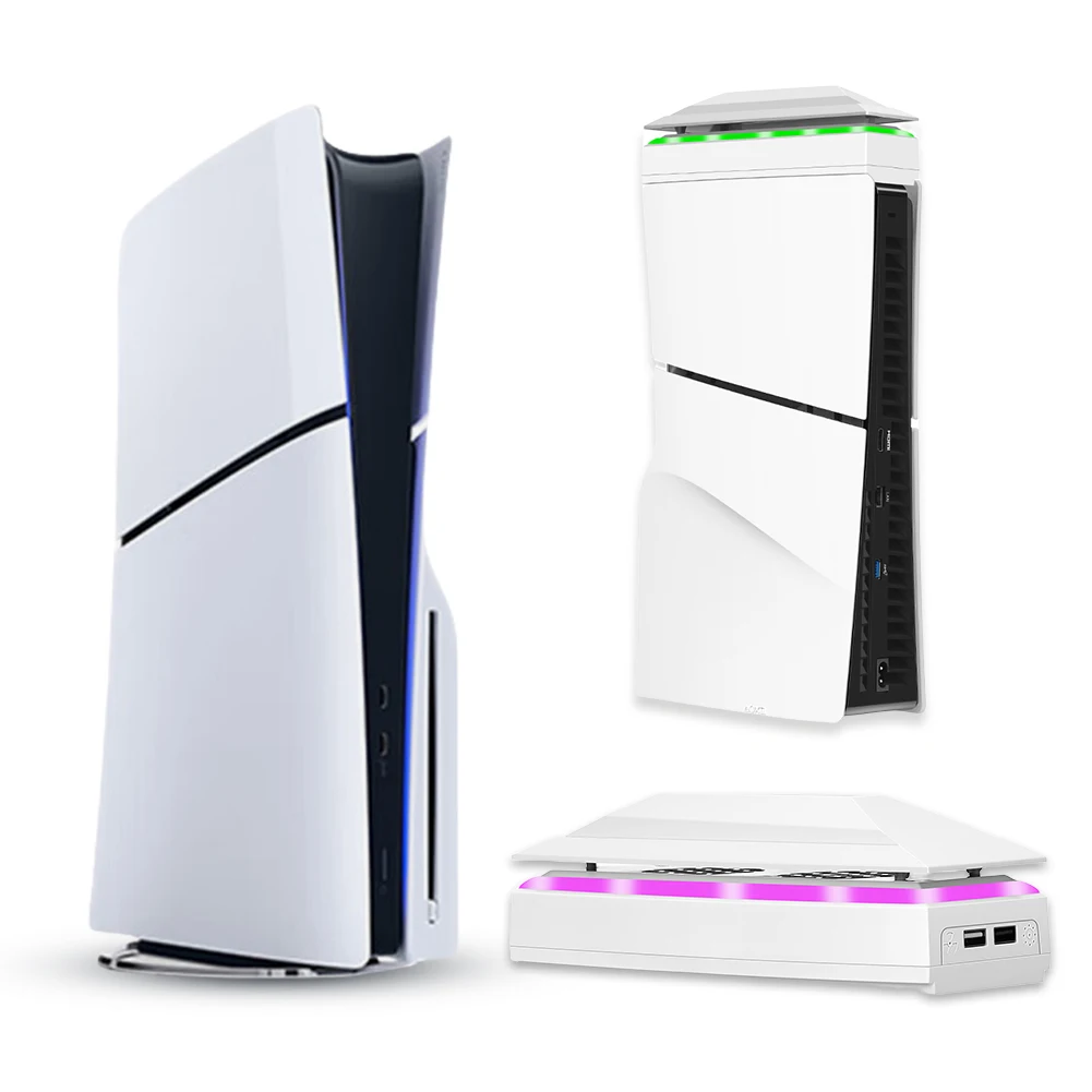 Top Cooling System with Dust Cover Colorful LED Light 2 USB Port Upper RGB Cooling Fan 3 Speed for PS5 Slim Console Disc/Digital