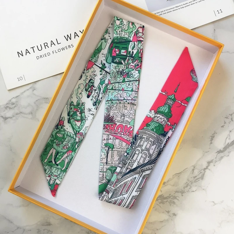 FranceSpring Versatile Fashion Eiffel Tower Ladies Leisure Decoration Twill Long Strip Streamer Silk Scarf Tie Bind a Bag Ribbon 2