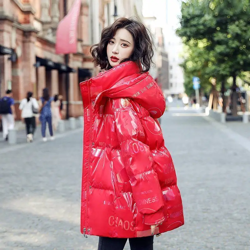 2023 New Women Down Cotton Coat Winter Jacket Female Mid Length Version Glossy Parkas Thick Loose Outwear Printing Overcoat