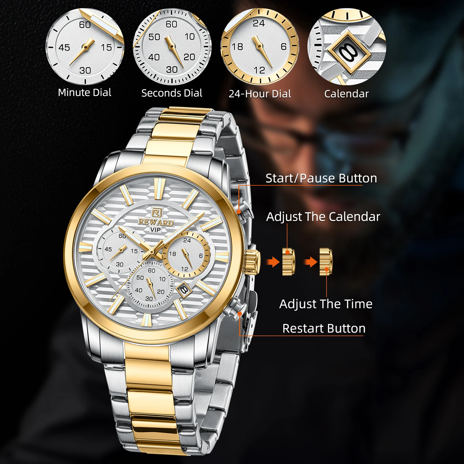 REWARD VIP New Design Luxury Quartz Watches for Men Chronograph Luminous Waterproof Date Stainless Steel Sport Men's Wristwatch