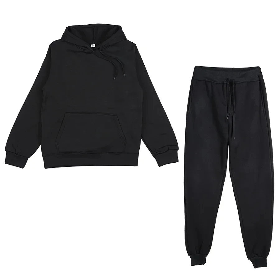 Woman wearing matching hoodie and sweatpants set in a cozy autumn outdoor setting black 2
