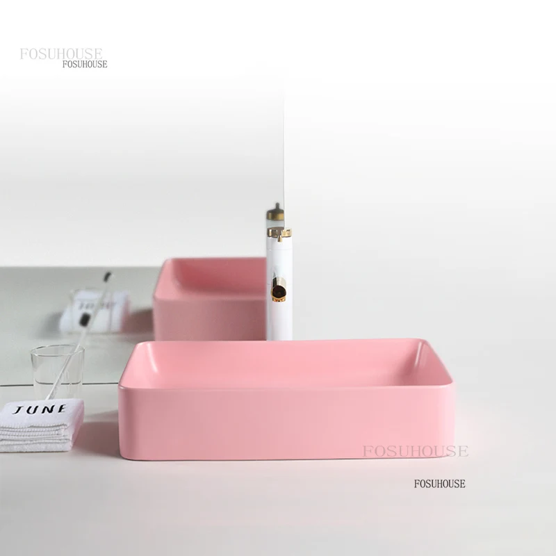 อ่างล้างหน้าเซรามิก อ่างล้างหน้าในห้องน้ำ อ่างล้างหน้าสีชมพูระดับไฮเอนด์ อ่างล้างหน้าห้องน้ำเรียบง่าย อ่างล้างหน้าห้องน้ำทรงสี่เหลี่ยม 1