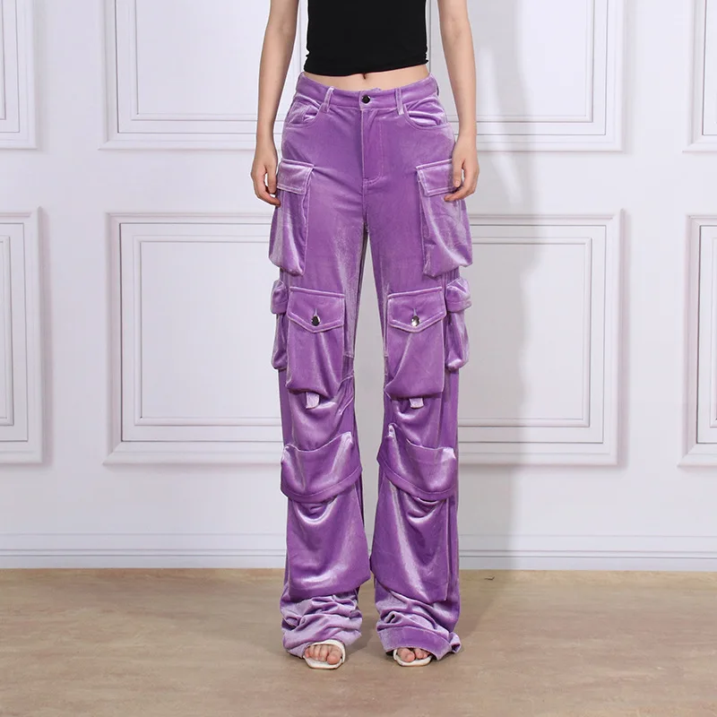 

ARTIE | Inspired High Waisted Velvet Straight Leg Workwear Sport Pants Spring 2024 New Fashionable Pocket Patchwork Casual Pants