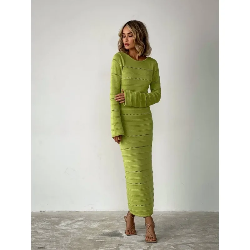 Striped Hollow Two-Wear Knitted Long Dress For Women Fashion Party Club Sweater Dress Vestido FemaleSlim Solid Outfits