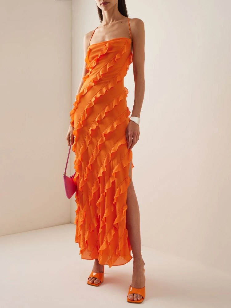 

Laxsesu Elegant Ruffles Party Evening Dresses for Women 2023 Summer Spaghetti Strap High Split Bodycon Dress Sexy Backless Dress