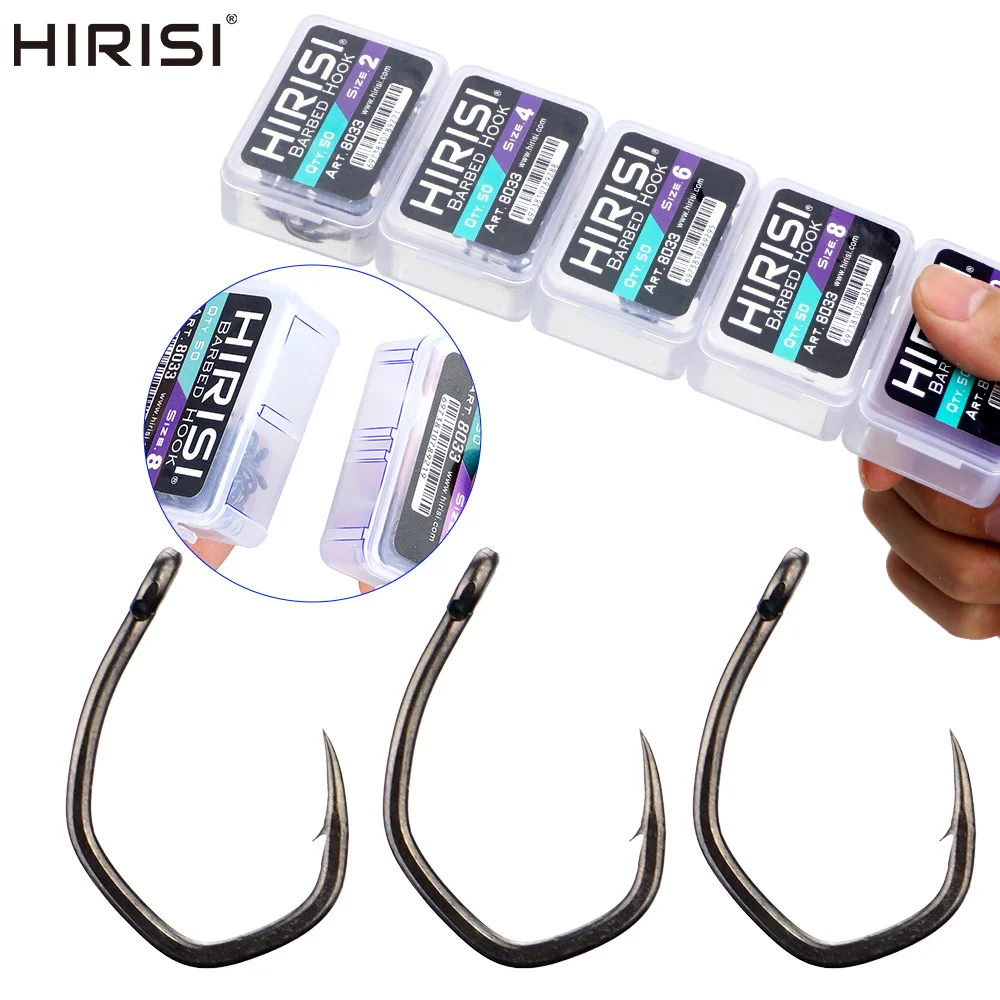 Hameçon de pêche Hirisi 8033 micro-barbelé en acier carbone, 50 pièces PTFE avec œil, boîte modulable