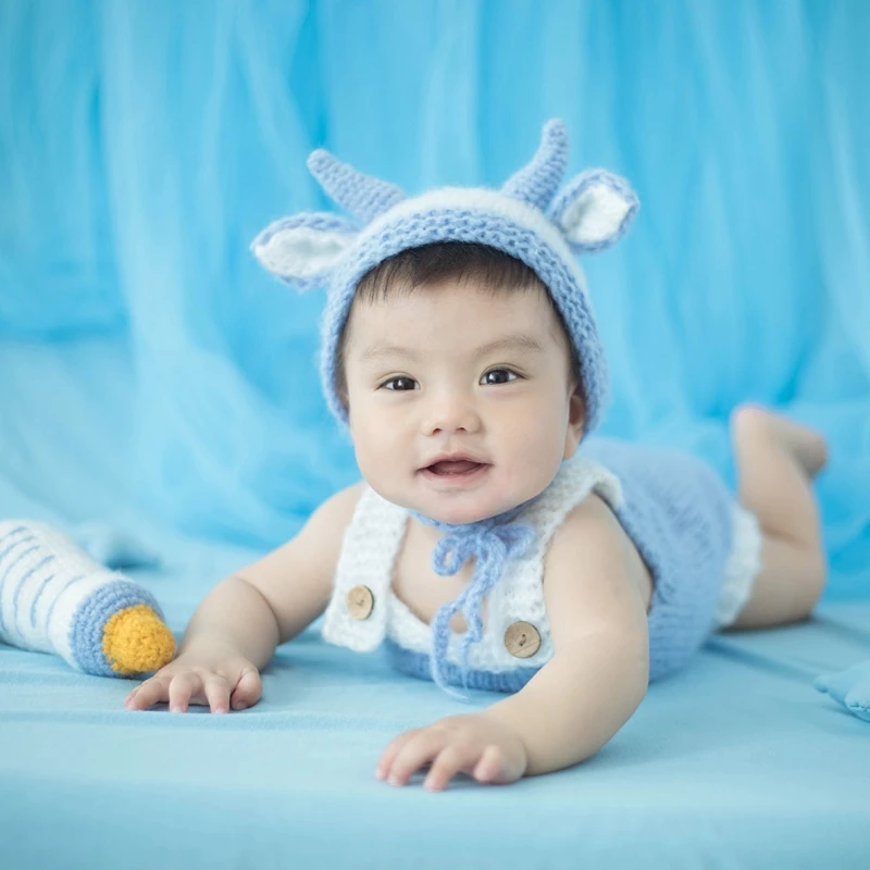 

Baby Crochet Cow Ox Hat Bonnet Cap Romper Set Newborn Photography Props Outsuits Infants Photo Shooting Posing K1KC