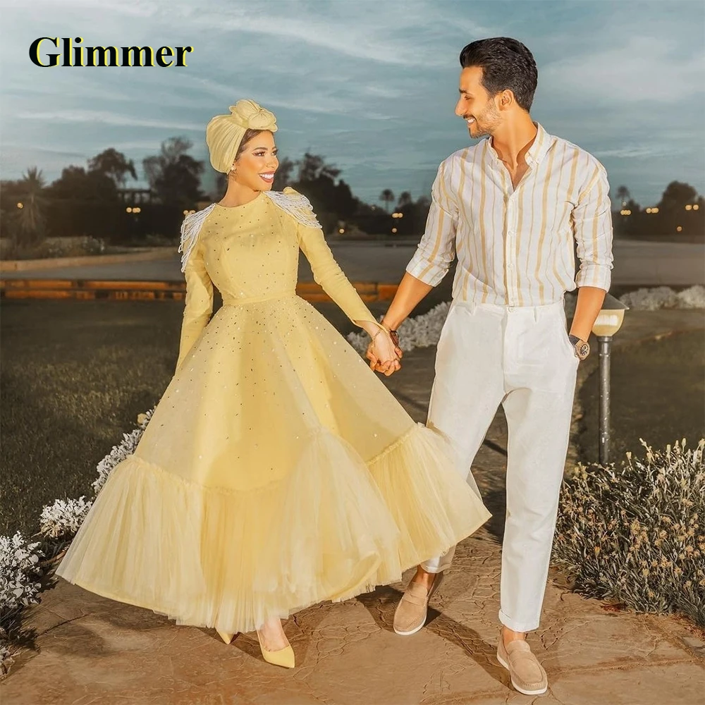 

Glimmer Full Sleeve Tulle Charming Evening Dresses Formal Prom Gowns Personalised Girl Arabic Fiesta De Noche Robe Ball Stretch