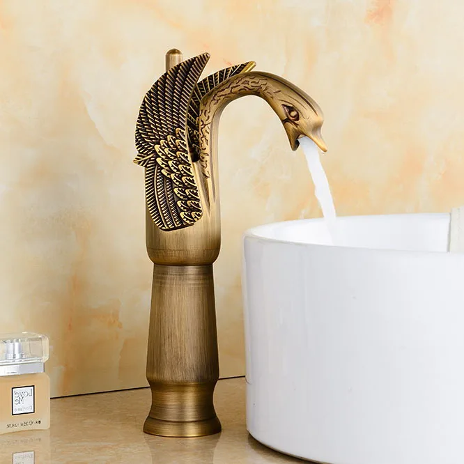 

Tall Antique Brass Carved Art Animal Swan Style Bathroom Sink Basin Mixer Tap Faucet One Hole Single Handle mnf177