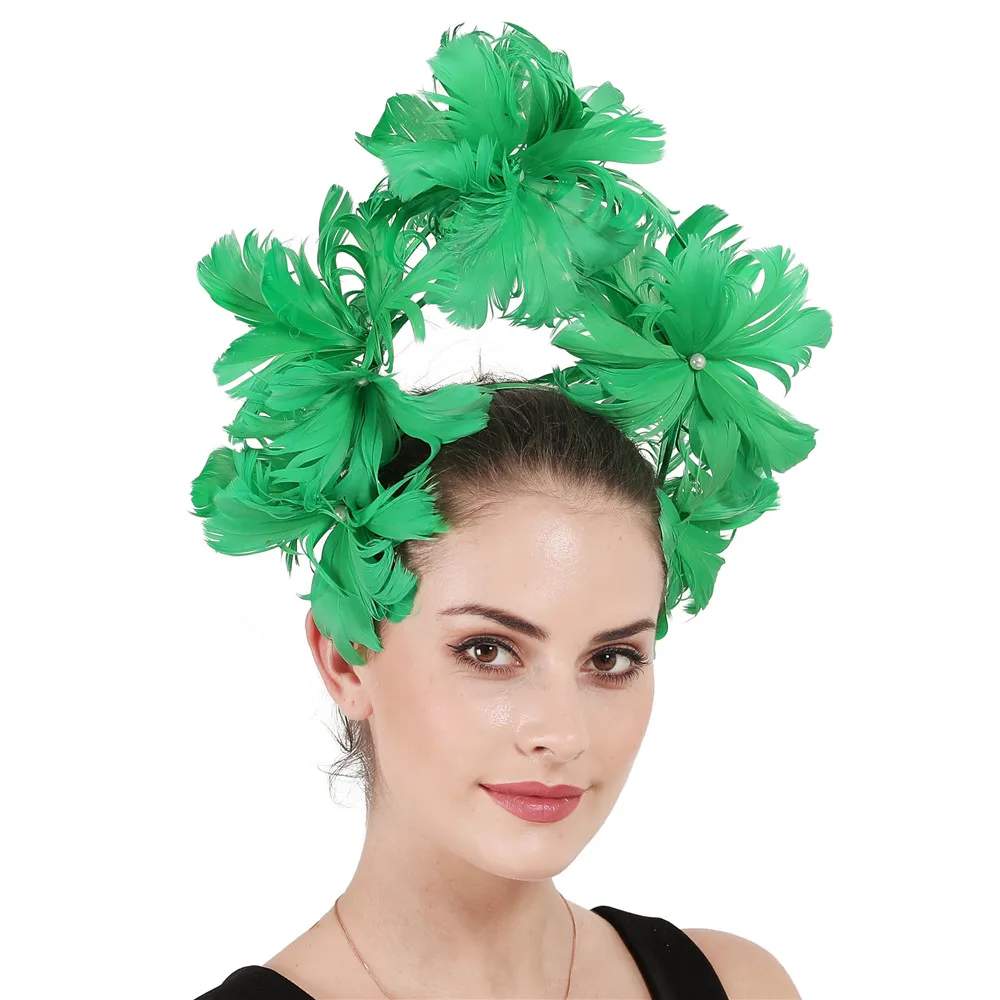 

Feather Flower Headdress Vintage Horse Will Exaggerate Small Top Hat Green Hair Hoop Imitation Pearl Hair Headpieces Millinery