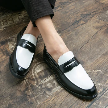 Luxury Brand Black and White Colorblock Loafers Men Slip-On Classic Style Casual Leather Shoes Thick Sole High Quality Moccasin 1