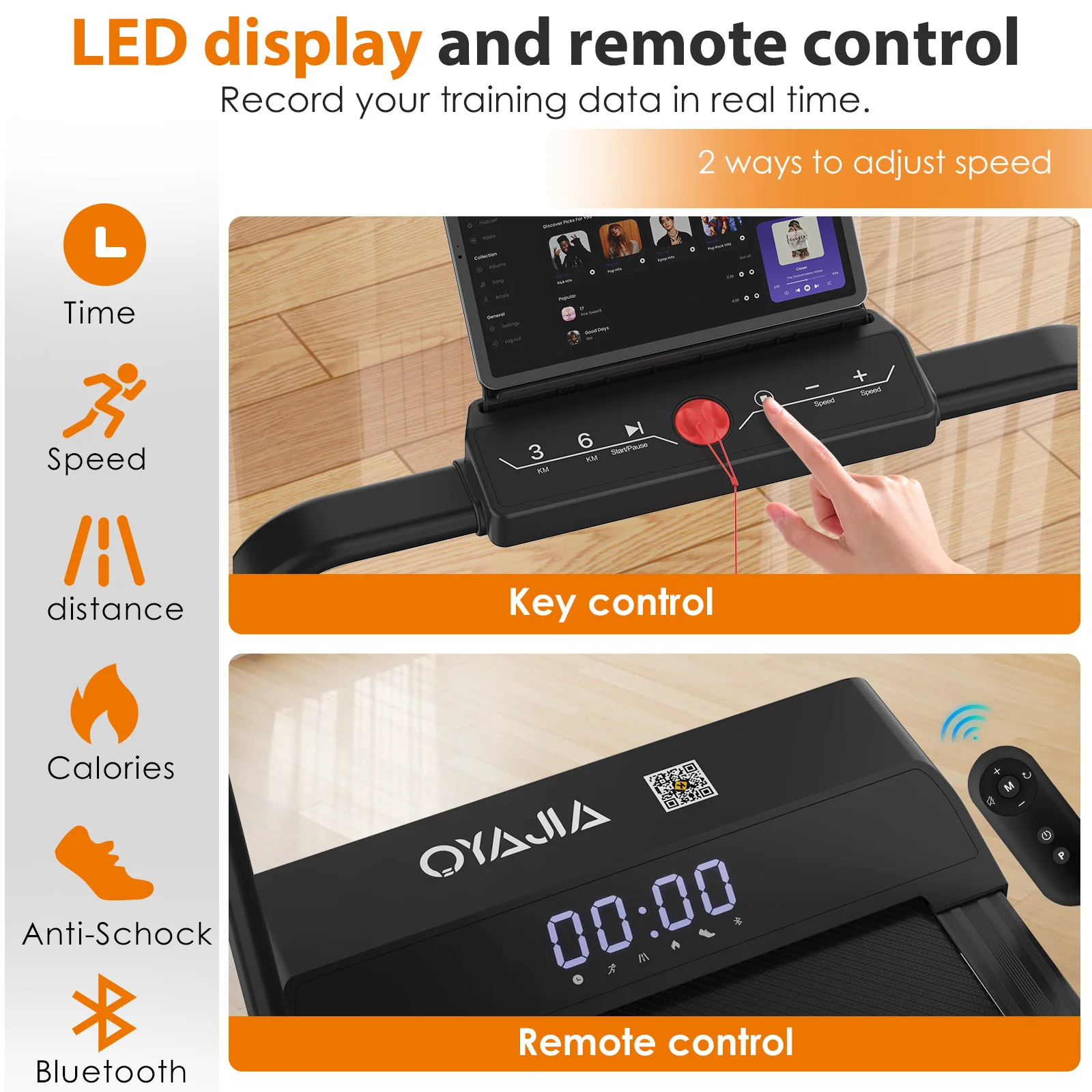 Tapis roulant con telecomando, app e controllo pulsanti | Display a LED | Clip di sicurezza | Musica Bluetooth | Silenzioso per casa/ufficio - immagine 3